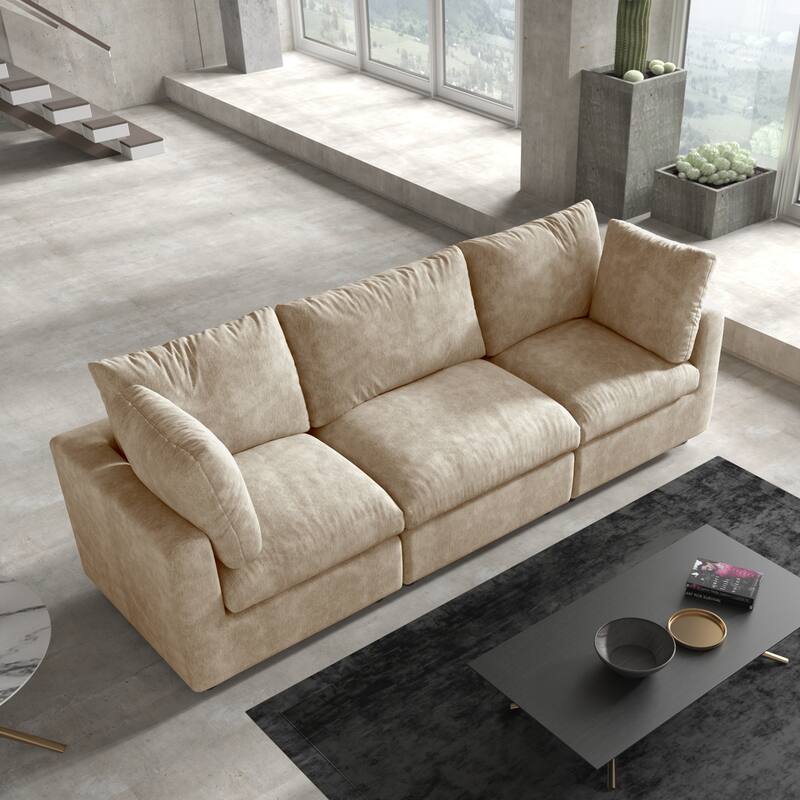 Minimalist 3-Seater Sofa Chenille Upholstered Modular Sectional Couch Removable Cover, Spring Cushions, Solid Wood Frame
