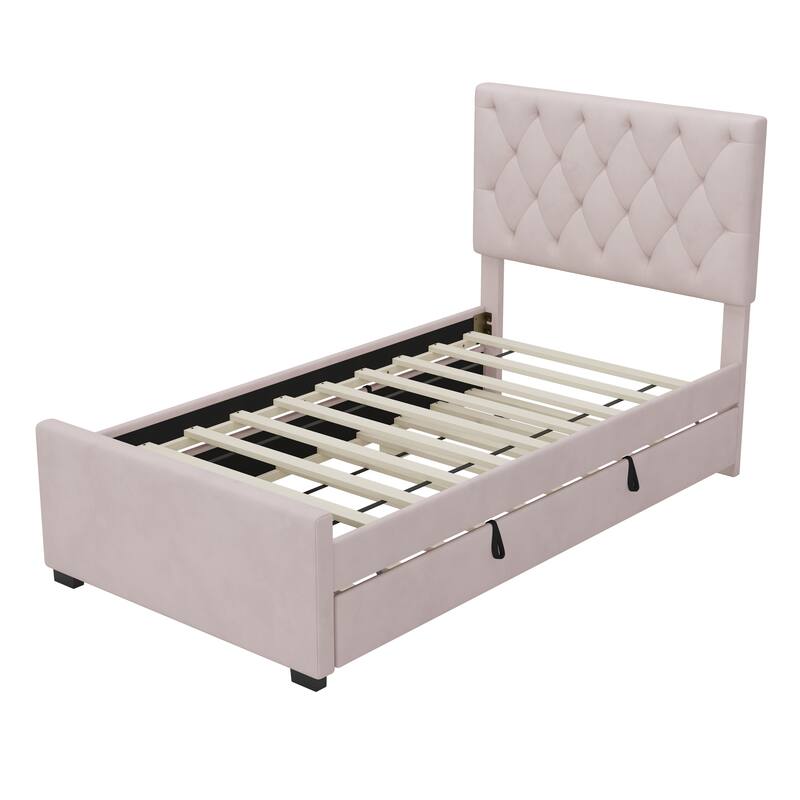 Velvet Upholstered Platform Bed with Trundle Bed & Adjustable Button Tufted Headboard