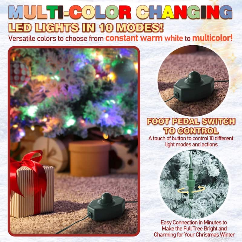 VEIKOUS Pre-Lit Artificial Christmas Tree Pencil Snow with Foldable Iron Stand with LED lights, 5.5/6.5/7.5 ft