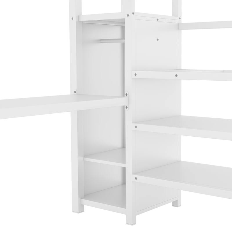 Roomfitters Full/Twin Size Metal Loft Bed with L-Shaped Desk, USB Ports, LED Lighting & Adjustable Shelves, White