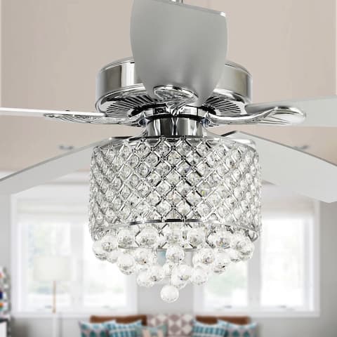 52-inch Wooden 5-Blade Crystal Ceiling Fan Chandelier with Remote - 52-in