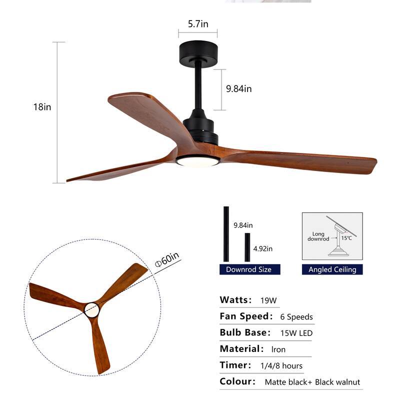 60 Inch Ceiling Fan With 18W Led Light 3 Solid Wood Blades Remote Control Reversible DC Motor For Home