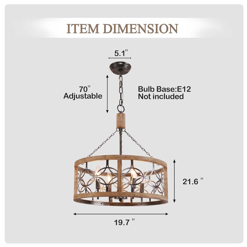 Cusp Barn 4-Light Rustic Wood Chandelier Shabby Hanging Lamp Farmhouse Drum Pendant Light Fixtures for Entryway