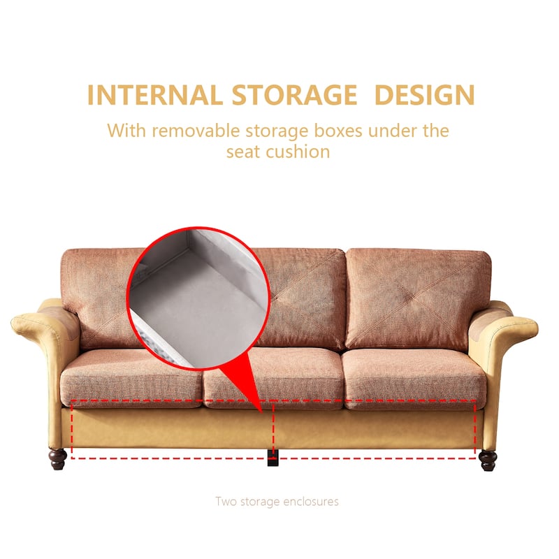 2 Piece Linen and Faux Leather Fabric Sectional sofa, 2+3 seat with Saddle Armrest and Solid Wood Legs