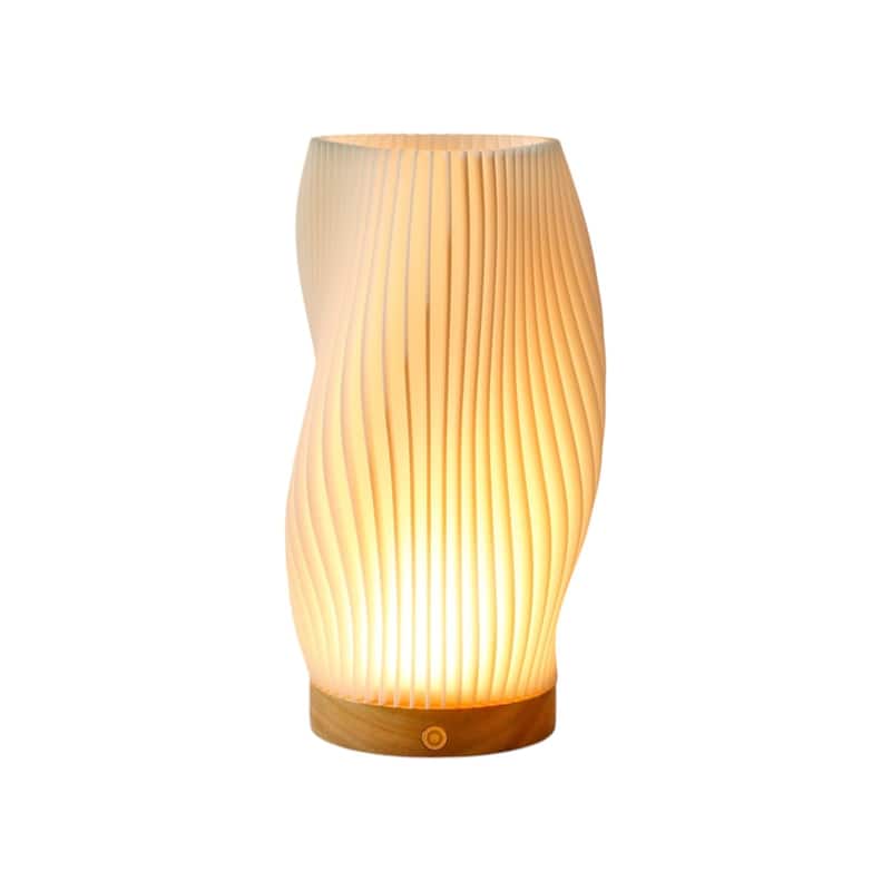 HomeRoots 9" Beige And Natural Wavy Geometric Battery Operated Table Lamp - 5.12 in. x 9.45 in. x 5.12 in.