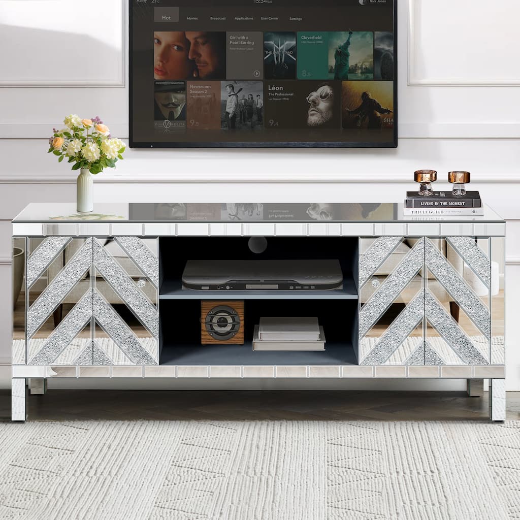 Modern Mirrored TV Stand, for 65+ Inch TVs with 2 Bookshelves and 2 Crystal Handle Cabinet Doors, for Living Rooms