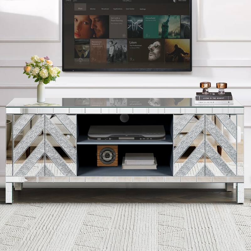 Modern Mirrored TV Stand, for 65+ Inch TVs with 2 Bookshelves and 2 Crystal Handle Cabinet Doors, for Living Rooms - Silver