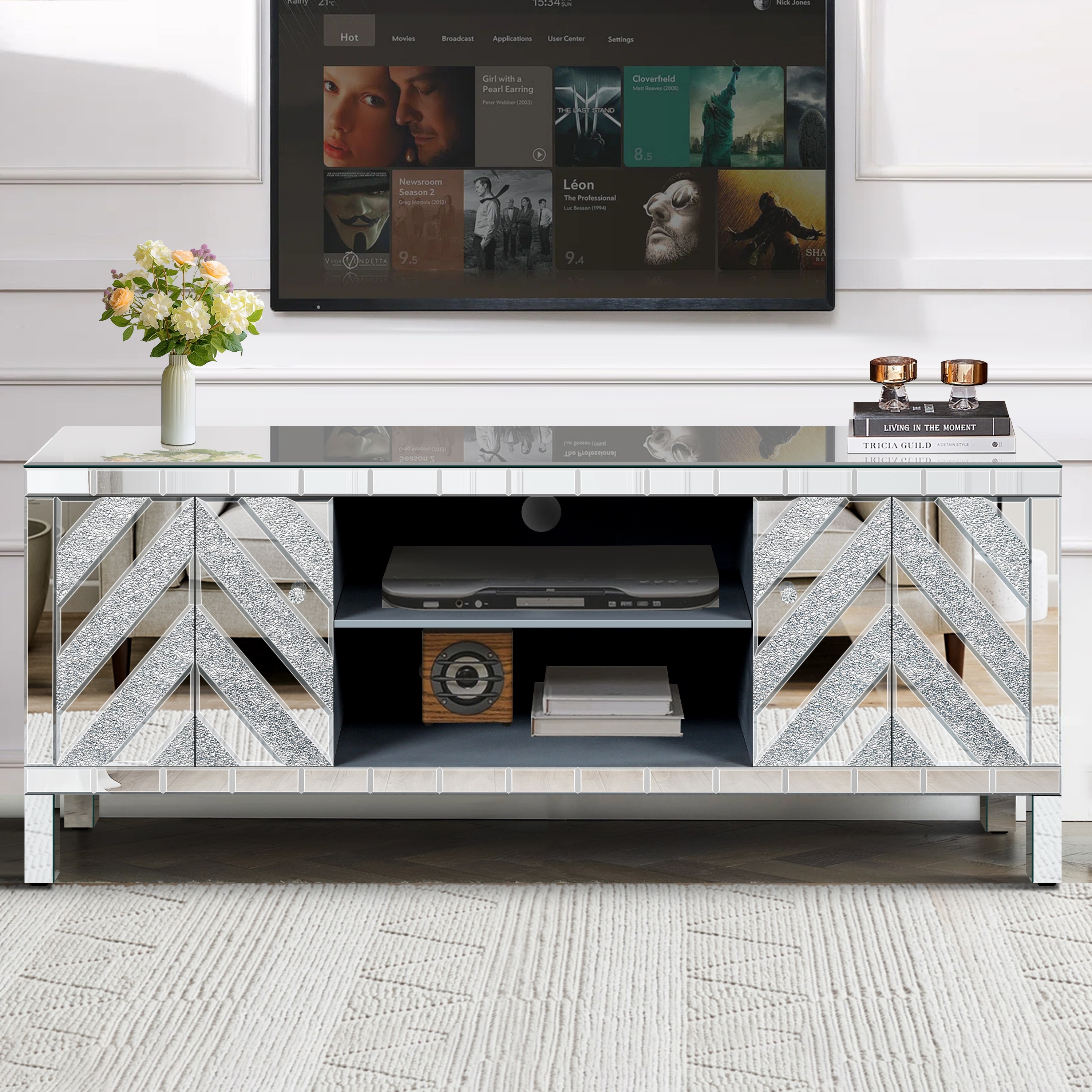 Roomfitters 59" Mirrored TV Stand for TVs up to 65", Silver Media Console with M-Shape Sparkle Doors & Open Storage