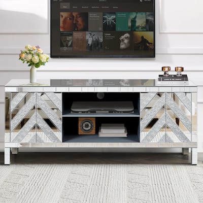 Sliver TV Console Table with Open Storage & 2 Storage Cabinets,M Shape Sparkling Mirror Doors for Living Room