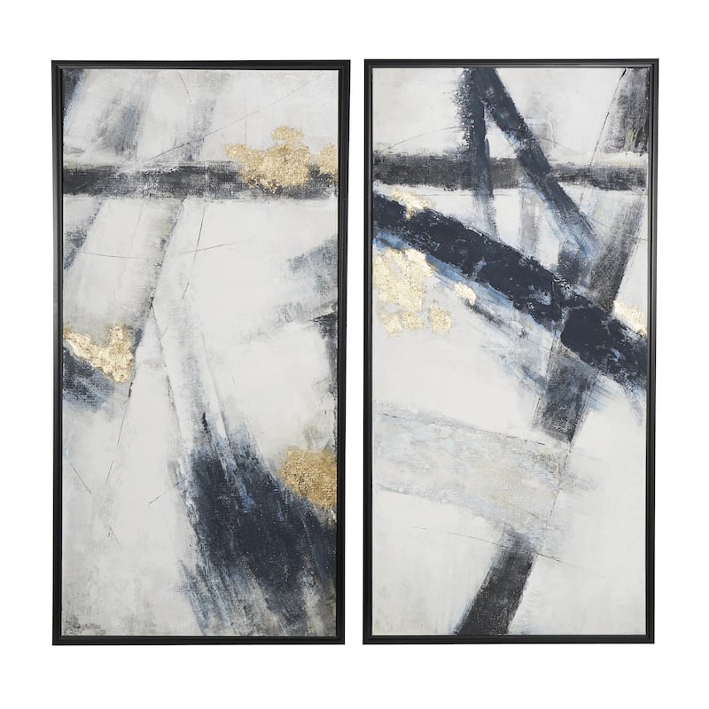 Canvas Abstract Lines Framed Wall Art with Gold Foil Accents - Set of 2 Light Gray - Roche River Decor - Grey