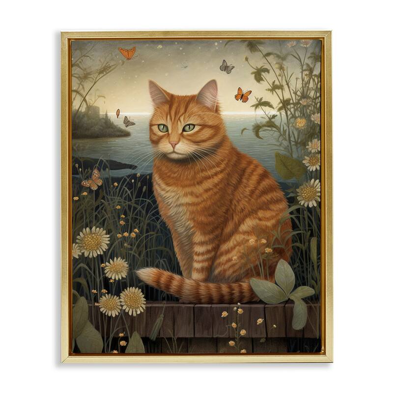 Stupell Orange Cat by Pond Framed Floater Canvas Wall Art Design by LSR Design Studio