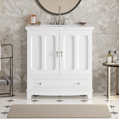 30" Wooden Bathroom Ceramic Sink Cabinet with Shelf, Drawer with Divider