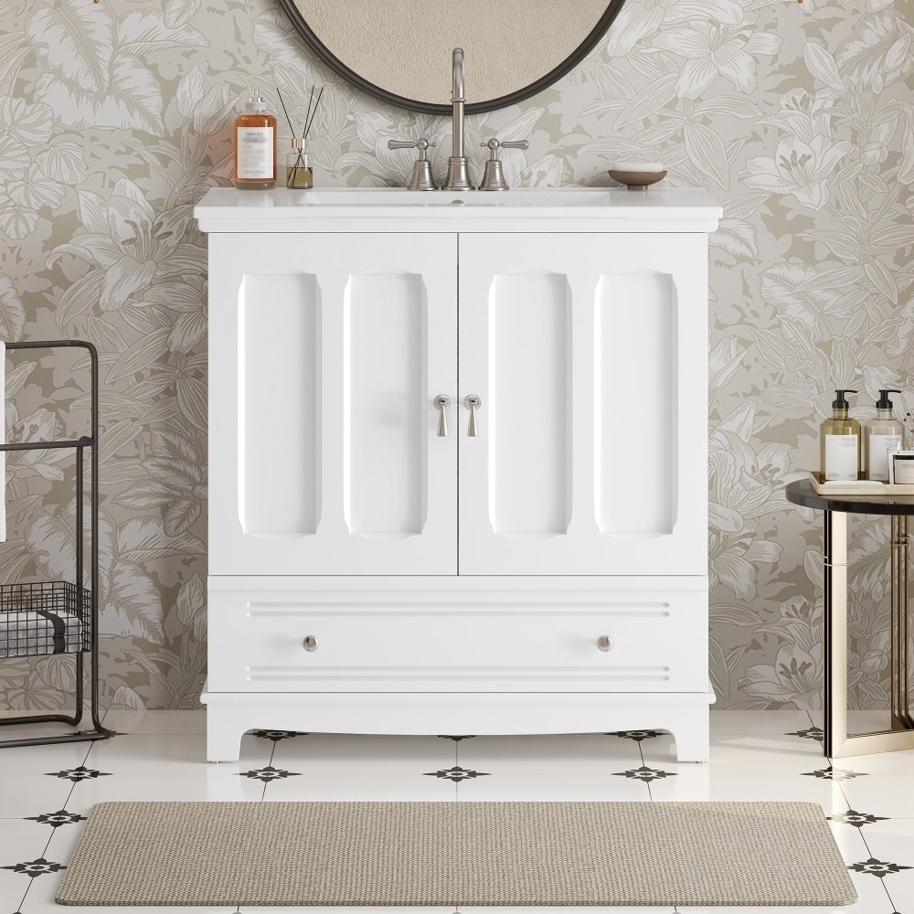 30" Wooden Bathroom Ceramic Sink Cabinet with Shelf, Drawer with Divider
