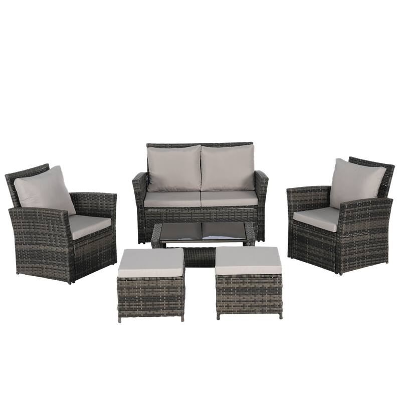 6 PCS Wicker Patio Furniture Sets with Ottoman & Tempered Glass Table - N/A