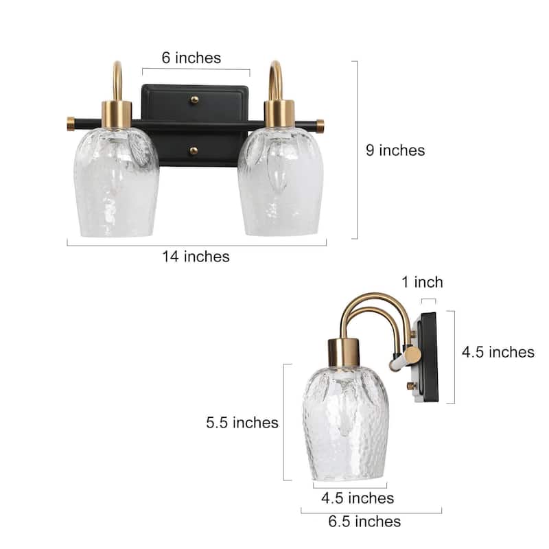 Waylin Modern Black Gold 2-Light Vanity Lights Glass Wall Sconces for Powder Room