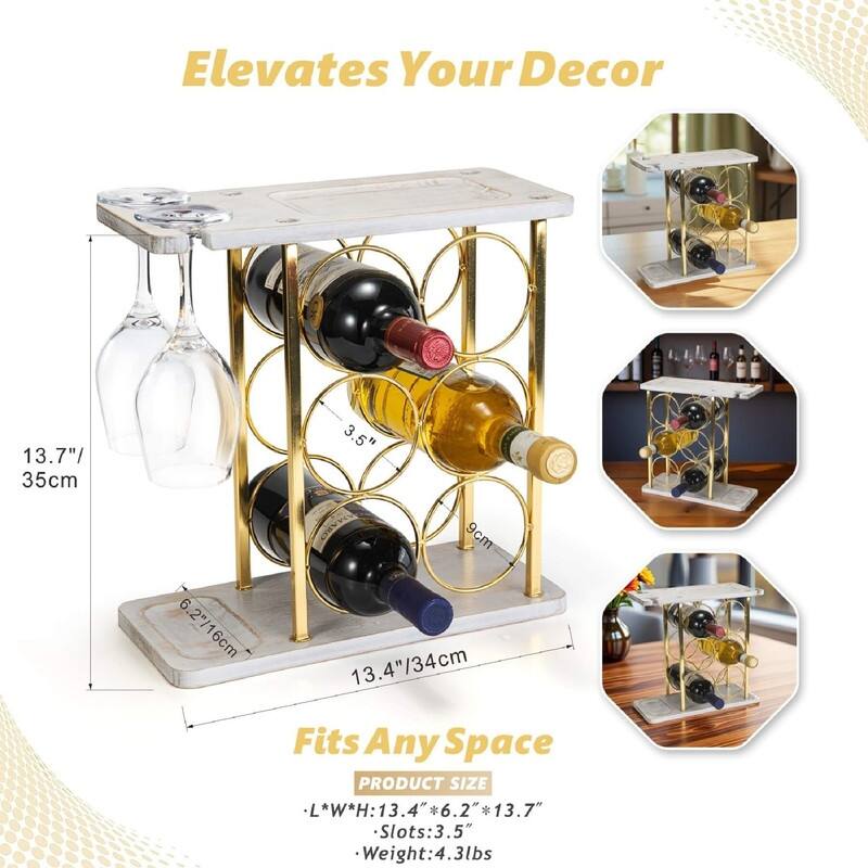 Wine Rack with Glass Holder - 13.7"D x 6.2"W x 13.4"H