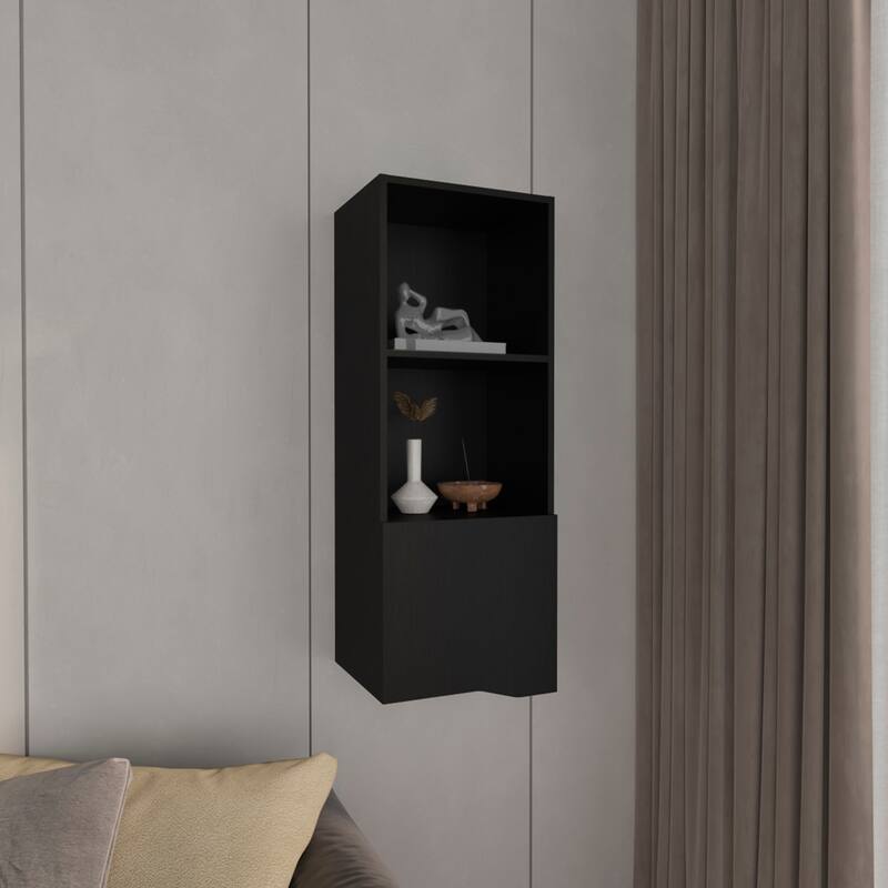 Wall Cabinet with 1 Door and 2 Open Shelves, White Medicine Storage Cabinet for Bathroom, Kitchen, or Garage - 16.1X13.4 in - Black + Particle Board