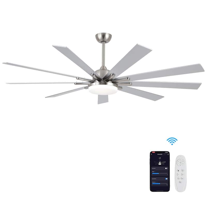 52"/66"/72"/76 Inch Modern Ceiling Fan with Dimmable LED Light ,Remote&APP Control,8 Blades for Large Living Room,Porch - 72 Inch - Nickel with Silver