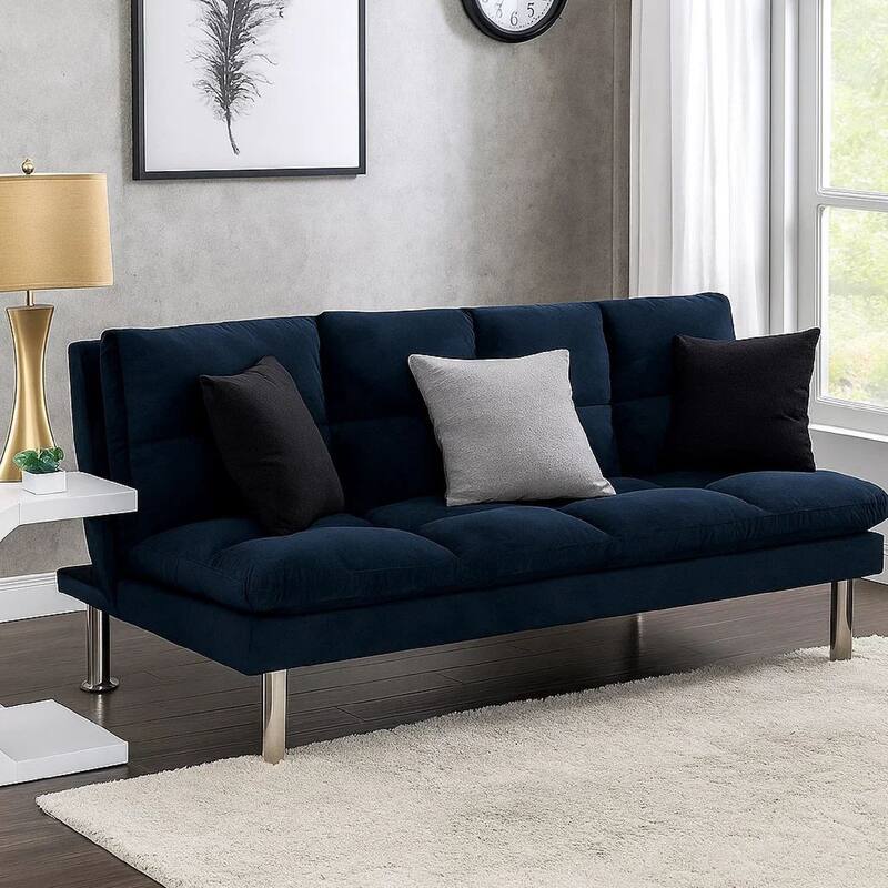 Futon Sofa with Tufted Padded Seating and Metal Legs, Blue