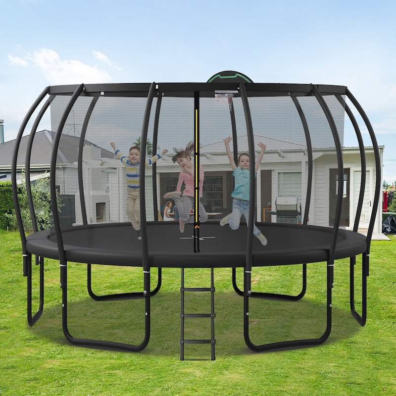 16FT Trampoline for Kids with Upgraded ArcPole and Composite TopLoop for Safety Enclosure, Plus Basketball Board and 12 Ground S