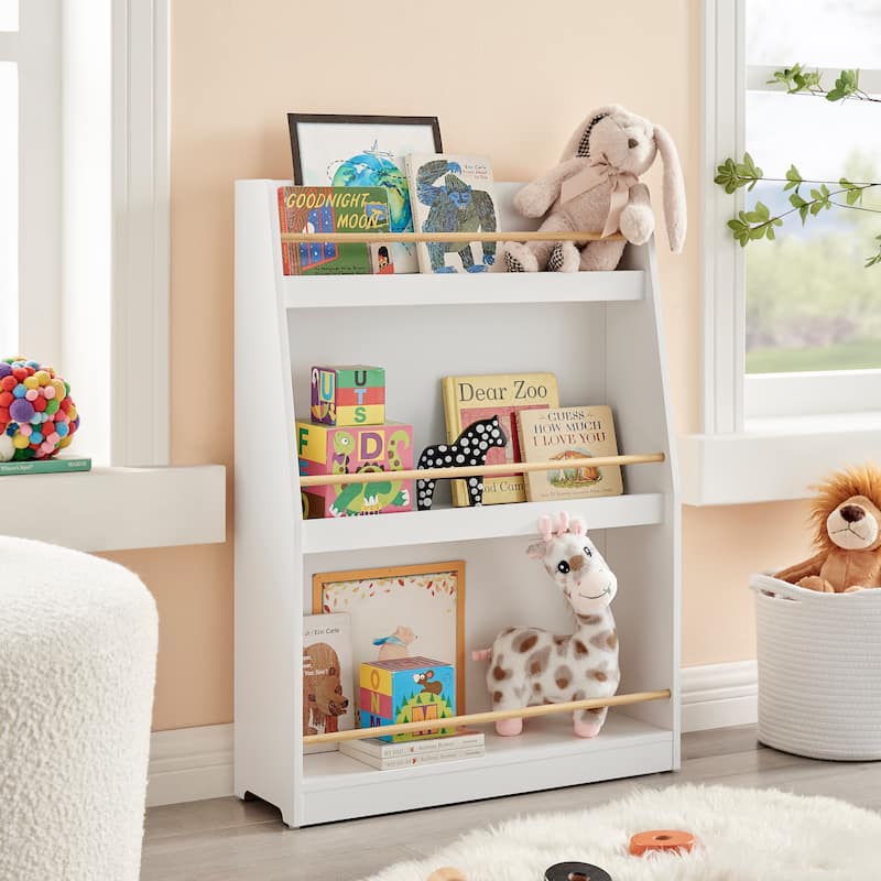 Danya B. Steiner White 3-Tier Kids Book or Magazine Storage Freestanding Bookcase with Contrasting Wood-Toned Rods