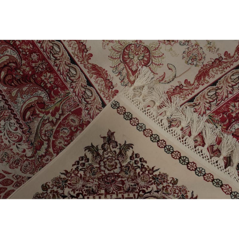 Machine Made Oriental 90% Silk - 10% Polyester Carpet Traditional All-Over Beige & Ivories Qum Area Rug - 9' 10'' X 6' 6''