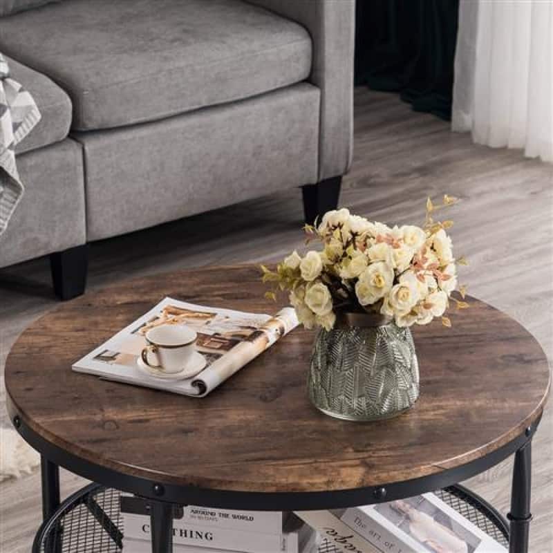 31.89in Double-layer Round Brown PVC Density Board Panel Black Base with Silver Pattern Powder-coated Iron Frame Coffee Table