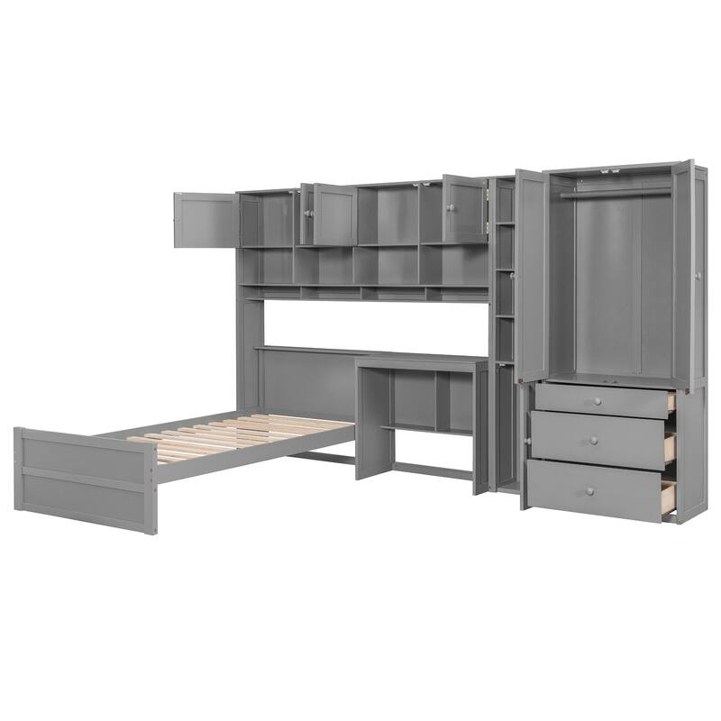 Twin Size Murphy Bed Cabinet Foldable Wall Bed Frame with Storage Wardrobes, Desk & Shelves, Wooden Hidden Platform Bed Chest