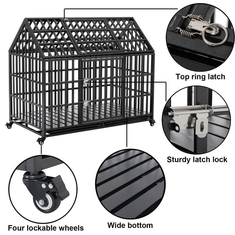 Heavy Duty Dog Crate with Wheels Escape Proof Metal Kennel Lockable Wheels Slide Out Tray