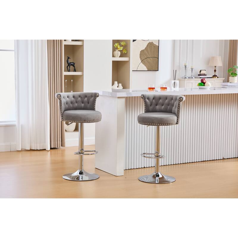 Velvet Upholstered Bar Stool Set of 2, Adjusatble Height Swivel Bar Stools, Dining Chairs with Curved Backrest & Footrest