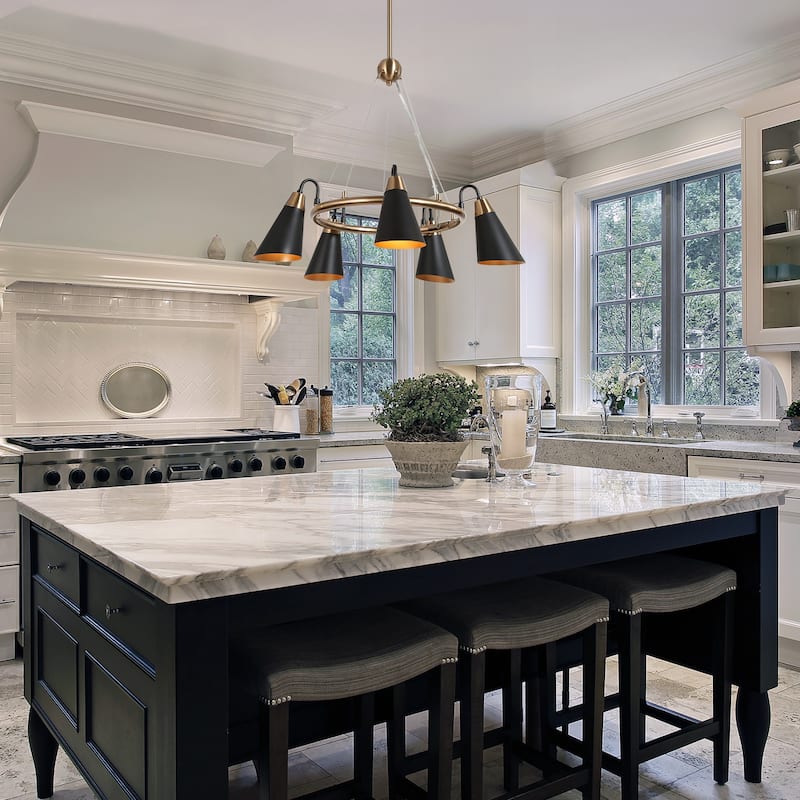 Modern 5-Light Black Gold Chandelier Wagon Wheel Pendant Lights with Metal Shades - 23.5"L x 33.5"H