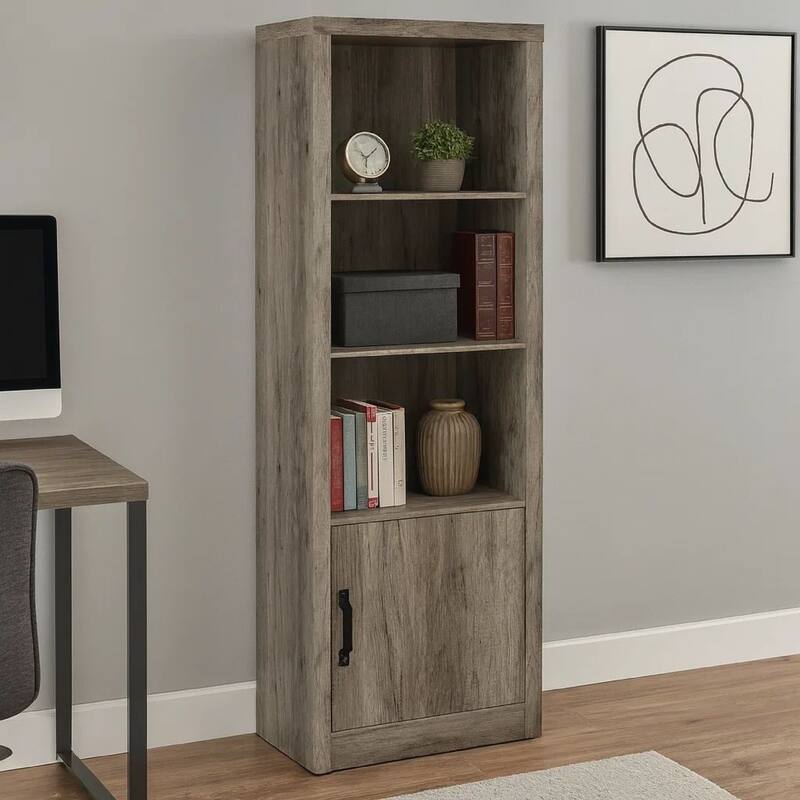 Sac 71 Inch Media Pier Tower with 3 Shelves and Single Cabinet, Gray Wood