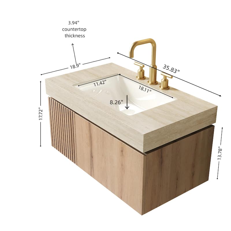 Floating Bathroom Vanity with Undermount Ceramic Basin with 3 Pre-drilled Faucet Holes