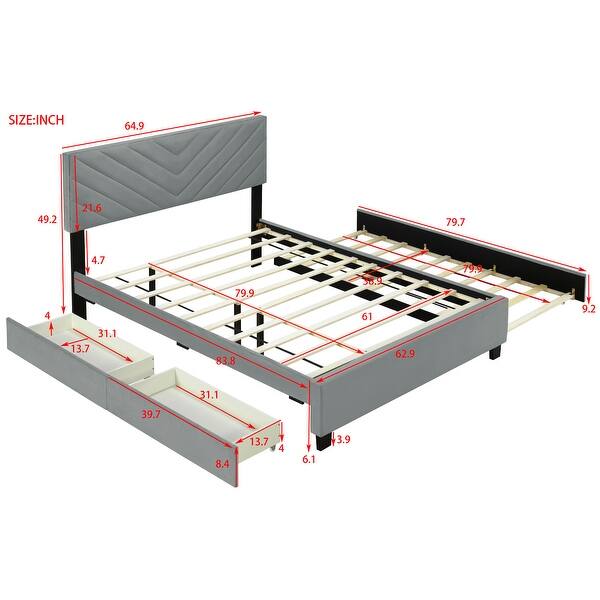 dimension image slide 1 of 2, Queen Upholstered Bed with Pull-Out Trundle and Ample Storage