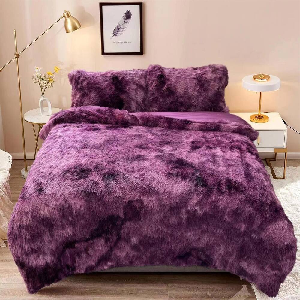 Fluffy Shaggy Comforter Set with 2 Pillowcases Queen Tie Dyed Purple