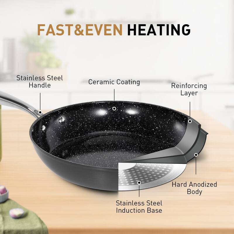 2/3-Piece Black Hard Anodized Non-Stick Fry Pan Set, Safe and Wear-Resistant Ceramic Coating with Stainless Steel Handle