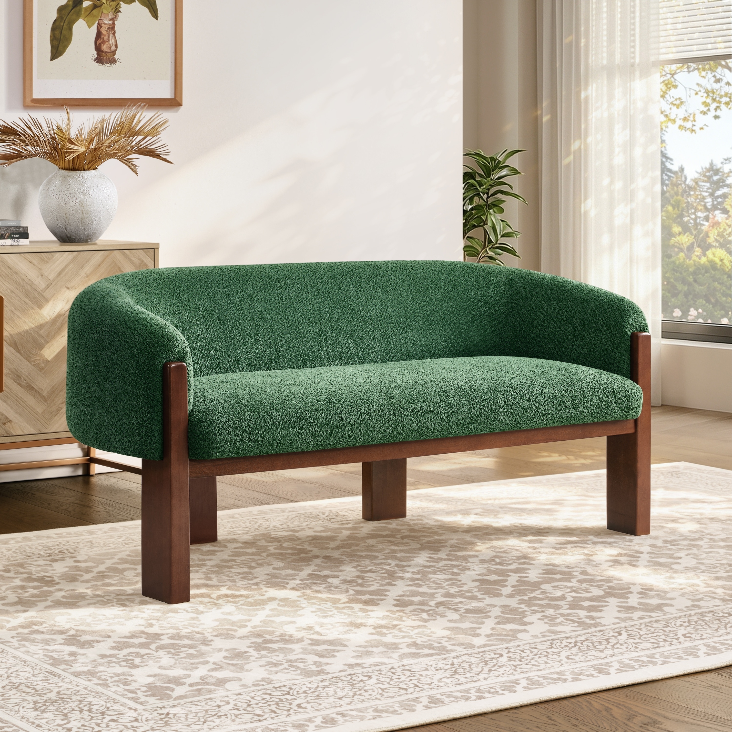 Christopher Knight Home - Modern Compact Settee Loveseat with 63.25" Curved Boucle Upholstered Backrest & Wooden Legs