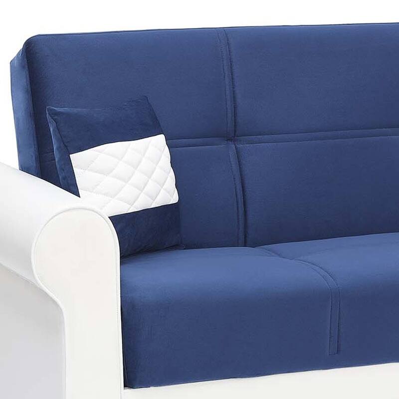 HomeRoots 89" Sky Blue Polyester Convertible Futon Sleeper Sofa And Toss Pillows With Storage