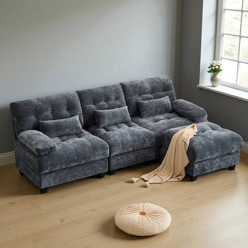 93" 3+1 Seater Sofa with Ottoman, Adjustable 4-Position Backrest, Soft Chenille Upholstery and 3 Pillows for Living Room - Blue