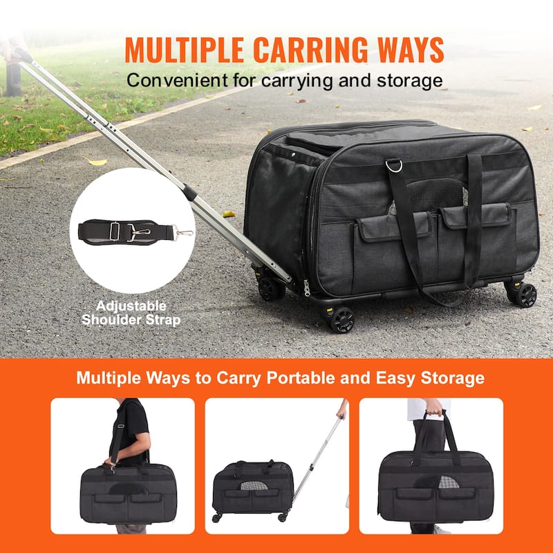 Cat Carrier with Wheels for Pets under 35 lbs, with 1 Folding Bowl, Black