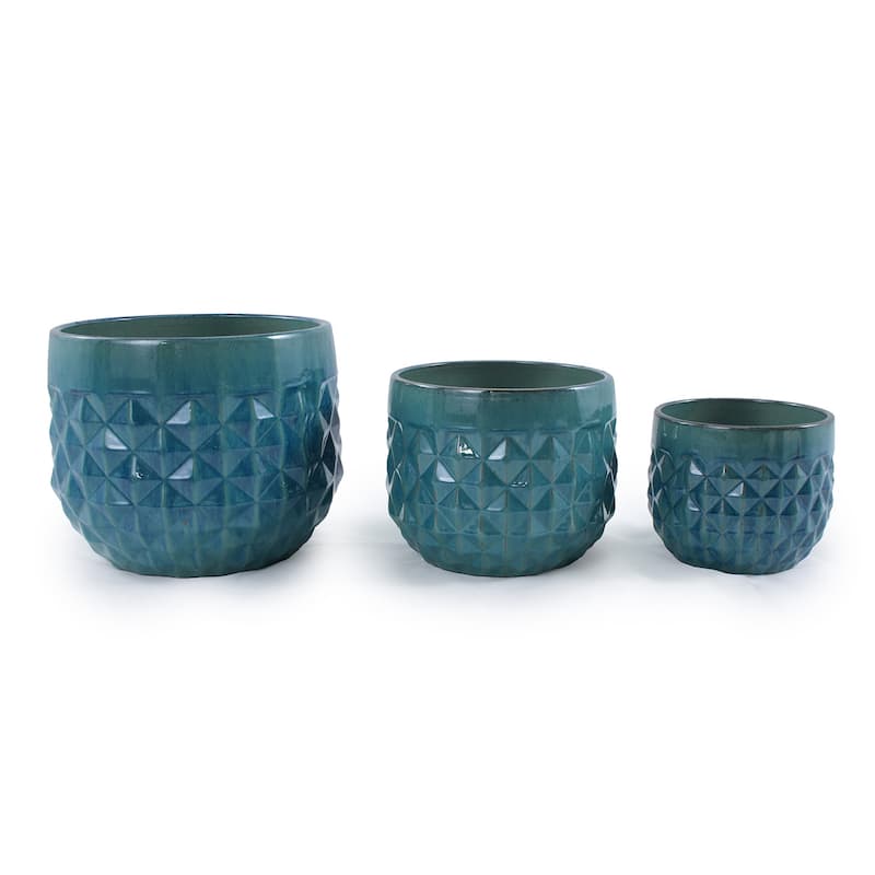 Minimalist Striped Planter Collection Thick-Grade Ceramic Pots Set of 3 - Blue