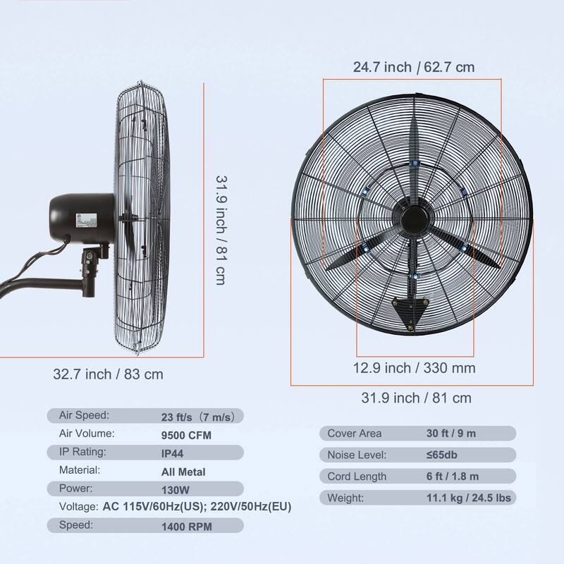 Wall-Mount Misting Fan, 30 Inch, 3-speed High Velocity Max 9500 CFM, Waterproof Oscillating Industrial Wall Fan