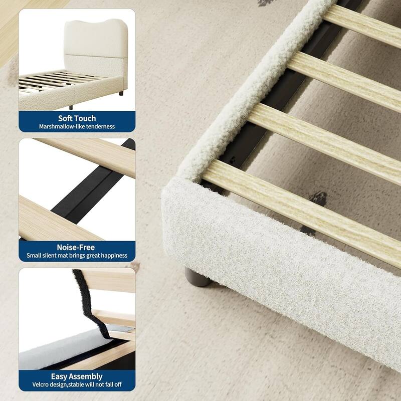 Upholstered Boucle Bed Frame with Headboard, No Box Spring Needed, Beige