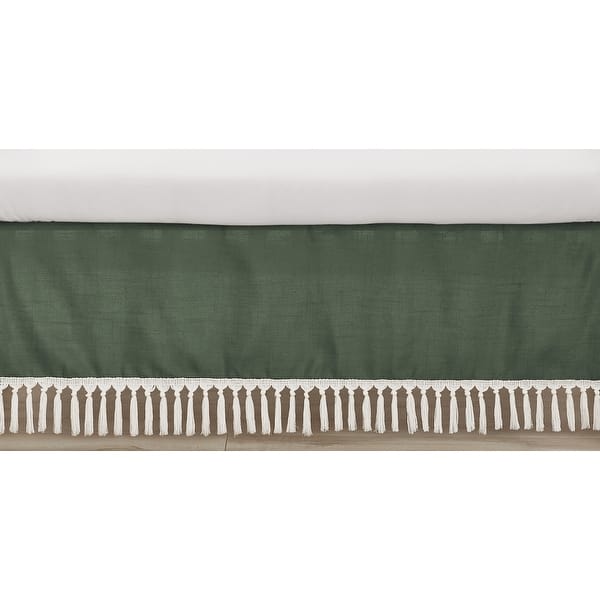 slide 2 of 3, Dark Green Boho Chic Girl Boy Unisex Crib Bed Skirt Solid Sage Hunter Ivory Bohemian Linen Macrame Modern Farmhouse Minimalist