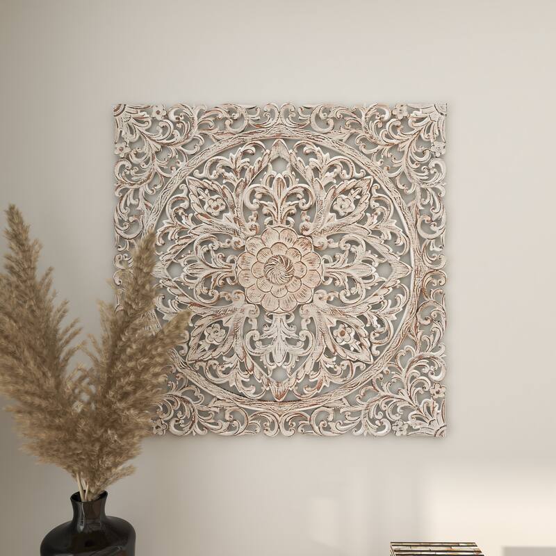 White Wood Handmade Intricately Carved Mandala Floral Home Wall Decor with Brown Distressing