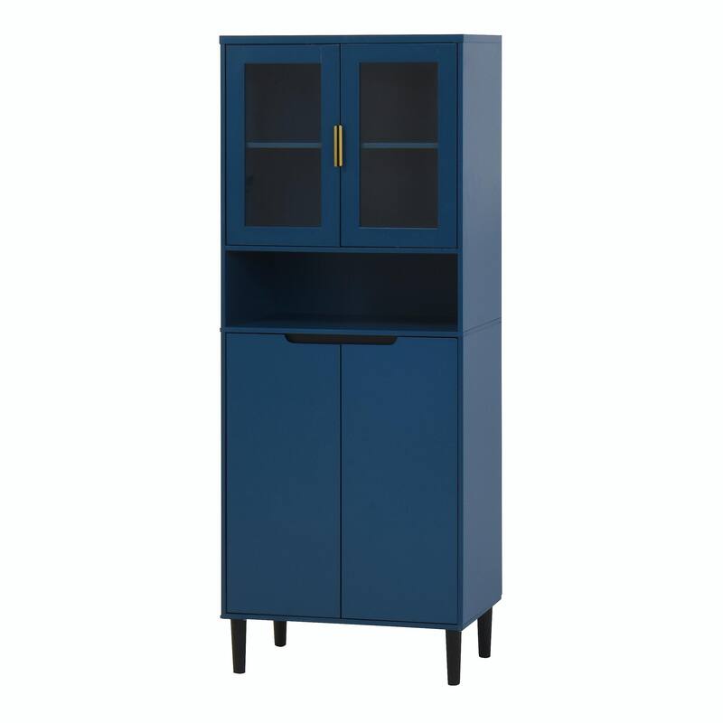 Tall Kitchen Pantry Cabinet with 2 Glass Display Doors & 2 Solid Doors