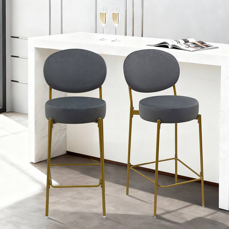 Velvet Upholstered Bar Stools Set of 2, Round Counter Stools with ergonomic Backrest, Breakfast Bar Chairs with Metal Legs