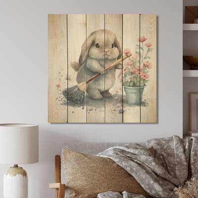 Designart 'Bunny Cleaning Bathroom III' Animals Rabbit Wood Wall Art - Natural Pine Wood