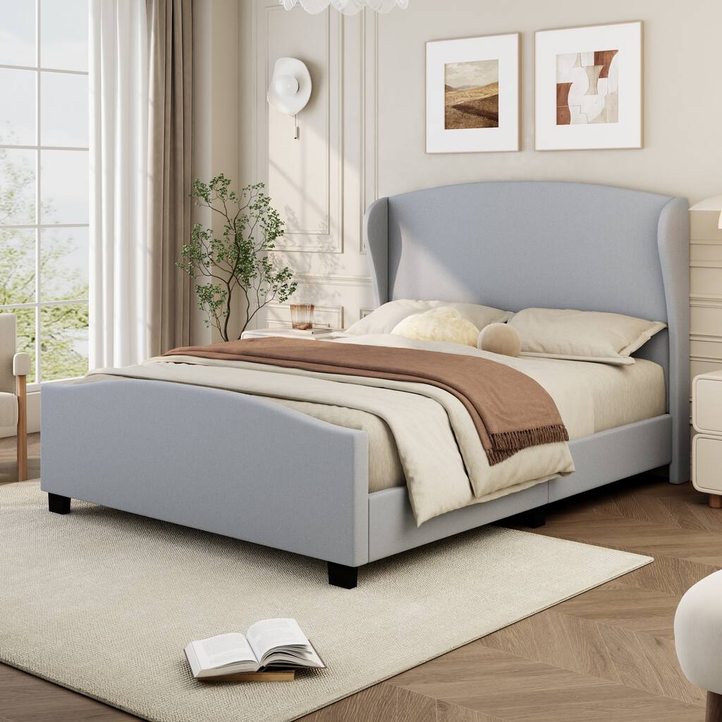 King Size Linen Upholstered Platform Bed with Tall Wingback Headboard, Solid Wood Legs, and No Box Spring Required