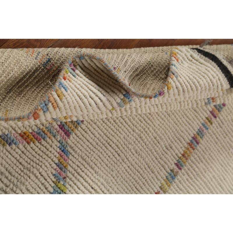 Ivory Moroccan Area Rug Hand-Knotted Stripe Wool Carpet - 4'11"x 8'8"